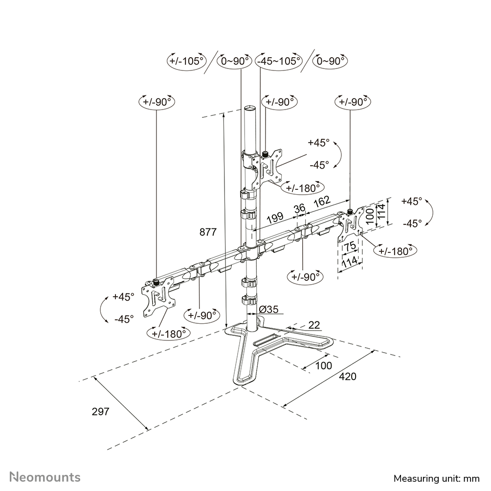 Neomounts DS45-600BL2-1 Monitorständer für drei Bildschirme 10-32"